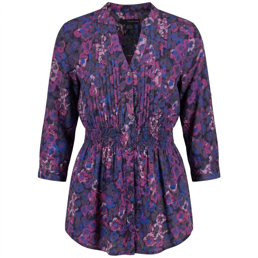 Calvin Klein Purple Floral Pleated V-Neck Lightweight Tunic Women Size L